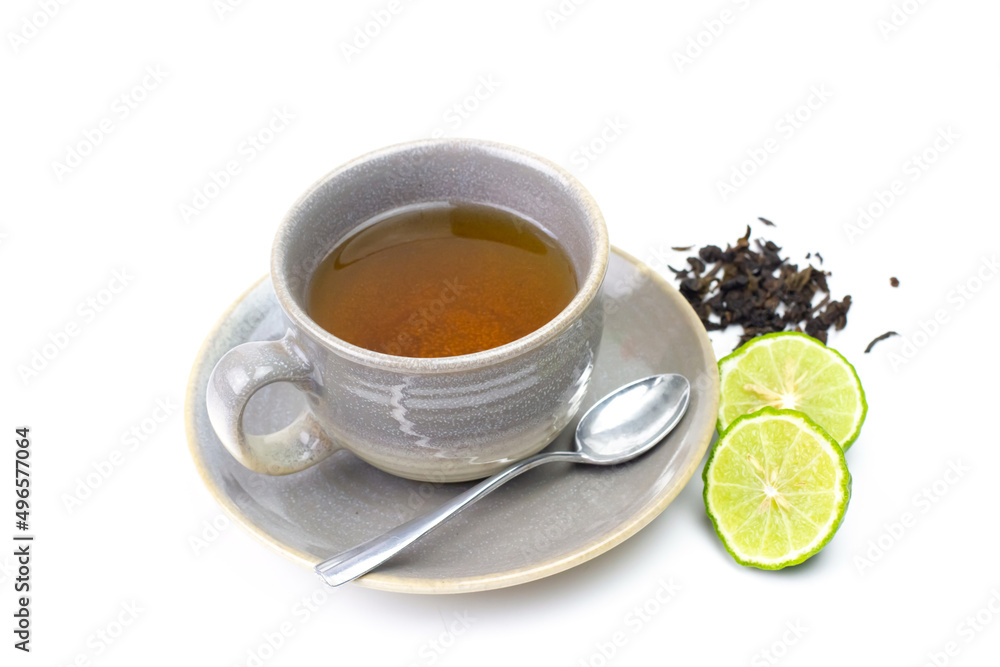 Bergamot tea or Earl Grey tea in ceramic cup and fresh bergamot fruit with sliced isolated on white background. Bergamot tea or Earl Grey tea in ceramic cup and fresh bergamot fruit with sliced isolated on white background.