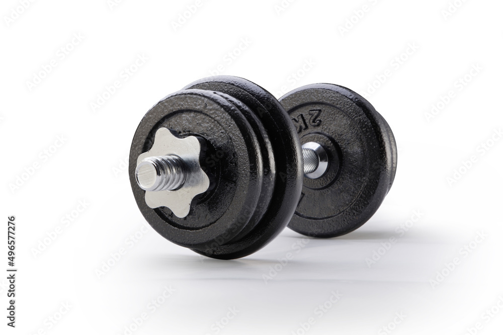 black metal dumbbell against white background with clipping path black metal dumbbell against white background with clipping path