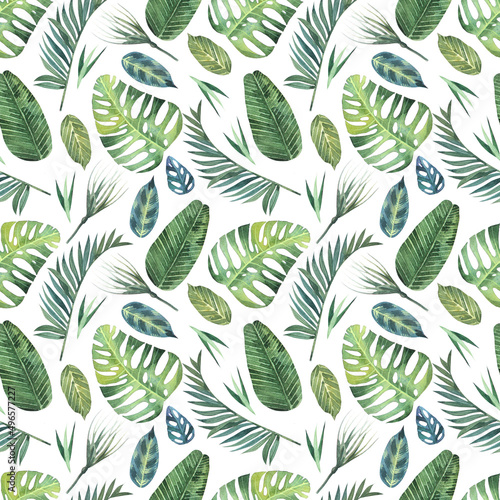 Tropical seamless pattern with hand drawn watercolor leaves. Background with tropical leaves of palm trees  monsters and banana. Tropical illustration for fashionable fabric  tropical prints  decor