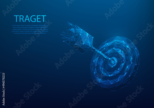 Arrow on center target low poly wireframe. isolated on blue dark background. focus on success goals. business achieve complete. mission successful. vector illustration digital. aim dashboard.