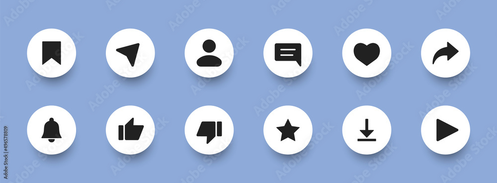 Social media icons set. Such as: notification, like, comment, share, save, subscribe, user silhouette, repost admin, text message. Social media concept. Vector illustration. EPS 10 Social media icons set. Such as: notification, like, comment, share, save, subscribe, user silhouette, repost admin, text message. Social media concept. Vector illustration. EPS 10