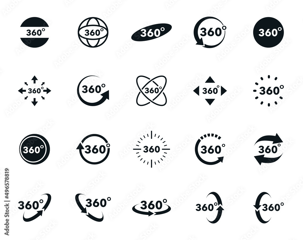 360 degrees view vector icons set. Signs with arrows to indicate the ...