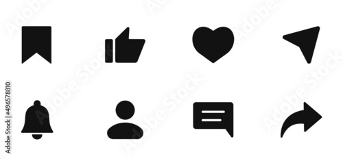 Social media icons set. Such as: notification, like, comment, share, save, subscribe, user silhouette, repost admin, text message. Social media concept. Vector illustration. EPS 10