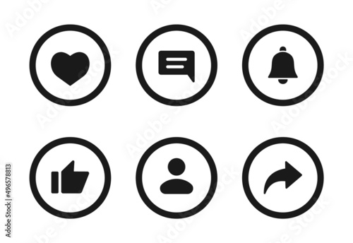 Social media icons set. Such as: notification, like, comment, share, save, subscribe, user silhouette, repost admin, text message. Social media concept. Vector illustration. EPS 10