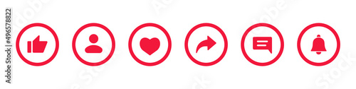 Social media icons set. Such as: notification, like, comment, share, save, subscribe, user silhouette, repost admin, text message. Social media concept. Vector illustration. EPS 10