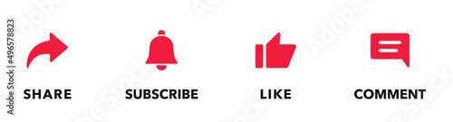 Icon set for channel and social networks. Like, Comment, Share, and Subscribe Button. Collection of subscription buttons in icon shape for channel, blog, social media. Vector illustration. EPS 10