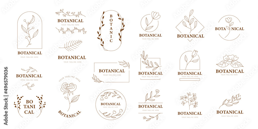 Doodle Herb and flower logo, set of hand-drawn botanical, floral set of wildflowers and herbs, vector objects isolated on a white background. One Line Drawing Vector Flowers Set.