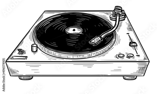 Black and white doodle drawn musical turntable vinyl player photo