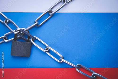 Flag of Russia and a chain with a lock. Country blocking. Prohibited.