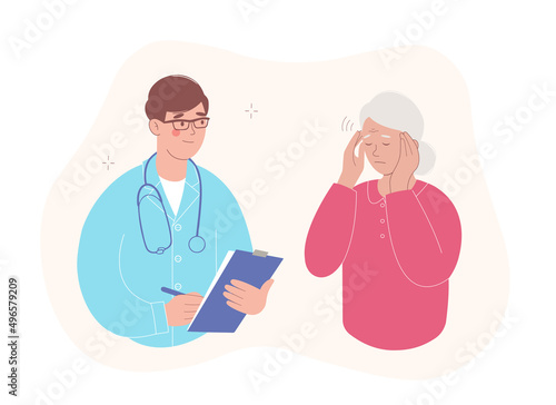 Elderly patient at a doctor's appointment. Elderly woman has a headache. Medical care and consultations