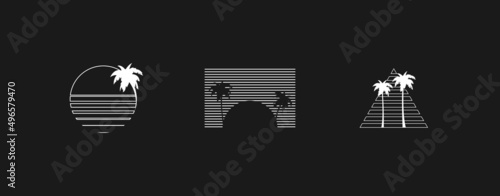 Set of retrowave design elements. Linear style striped compositions with sun and palm tree silhouettes. Pack of retrowave 1980s style design elements. Vector
