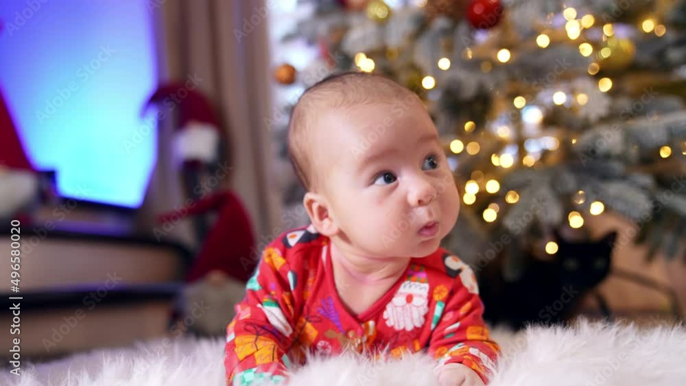 Infant baby in red costume lies on his belly in front of new year tree. Beautiful child tries to hold his head up and then falls to his side.