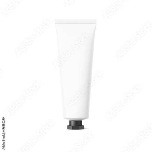 Blank plastic tube with black octagonal cap mockup. Fron view. Vector illustration isolated on white background. Can be use for your design, advertising, promo and etc. EPS10.