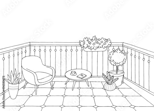 Balcony interior graphic black white sketch illustration vector 