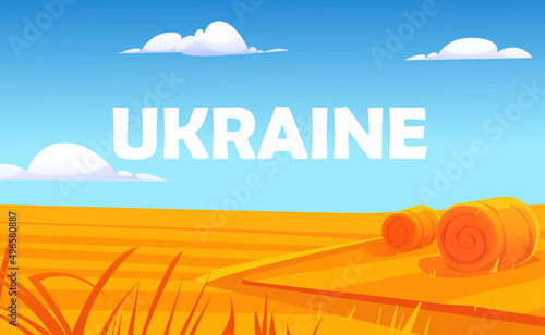 Ukraine. Landscape with a yellow wheat field and a blue sky. Concept colors of the Ukrainian flag. Vector illustration.