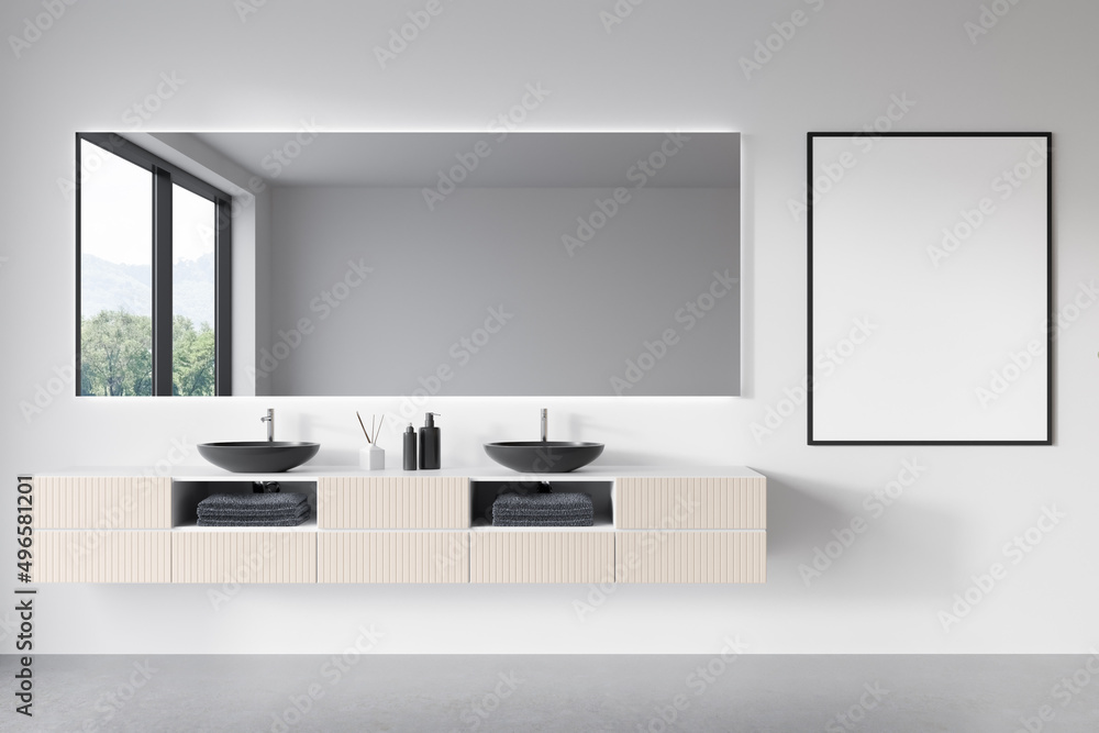 Front view on bright bathroom interior with empty white poster Front view on bright bathroom interior with empty white poster