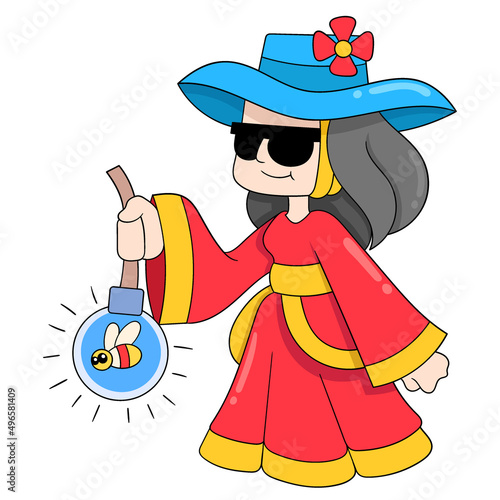 witch is carrying fireflies as lighting, doodle icon image kawaii