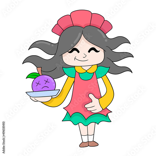 beautiful girl is carrying purple vegetable food serving food, doodle icon image kawaii