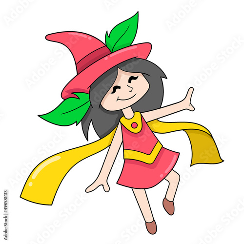 cute girl with happy face walking summertime, doodle icon image kawaii