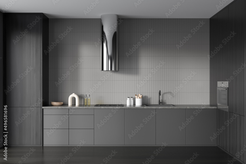Grey cooking set interior with shelves and appliances, wooden floor