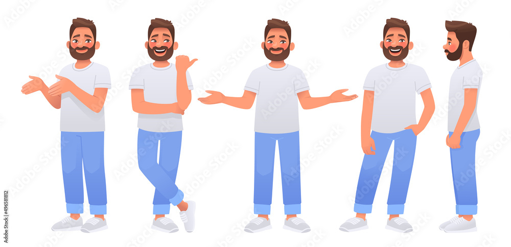 Fototapeta premium Happy bearded man character set. The guy points and shows something, poses and makes a choice, side view