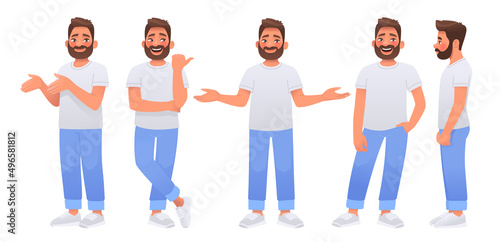 Happy bearded man character set. The guy points and shows something, poses and makes a choice, side view