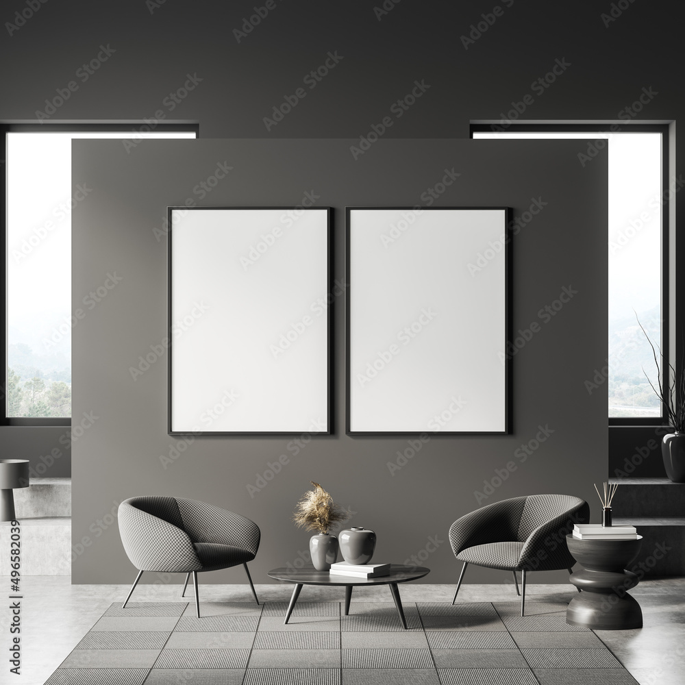 Reading room interior with two seats and coffee table. Mockup frame Reading room interior with two seats and coffee table. Mockup frame