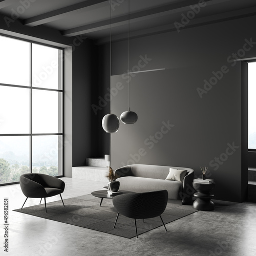 Carta da parati 3D per Soggiorno - Carta da parati Grey living room interior with seats and couch, coffee table and window, mockup