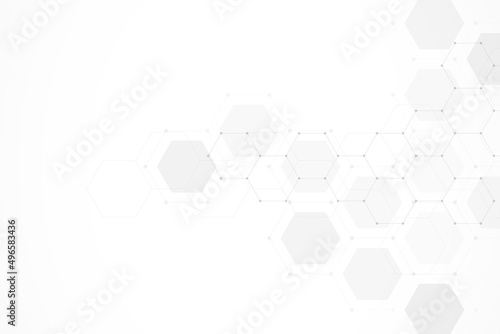 Hexagons pattern on gray background. Genetic research, molecular structure. Chemical engineering. Concept of innovation technology. Used for design healthcare, science and medicine background