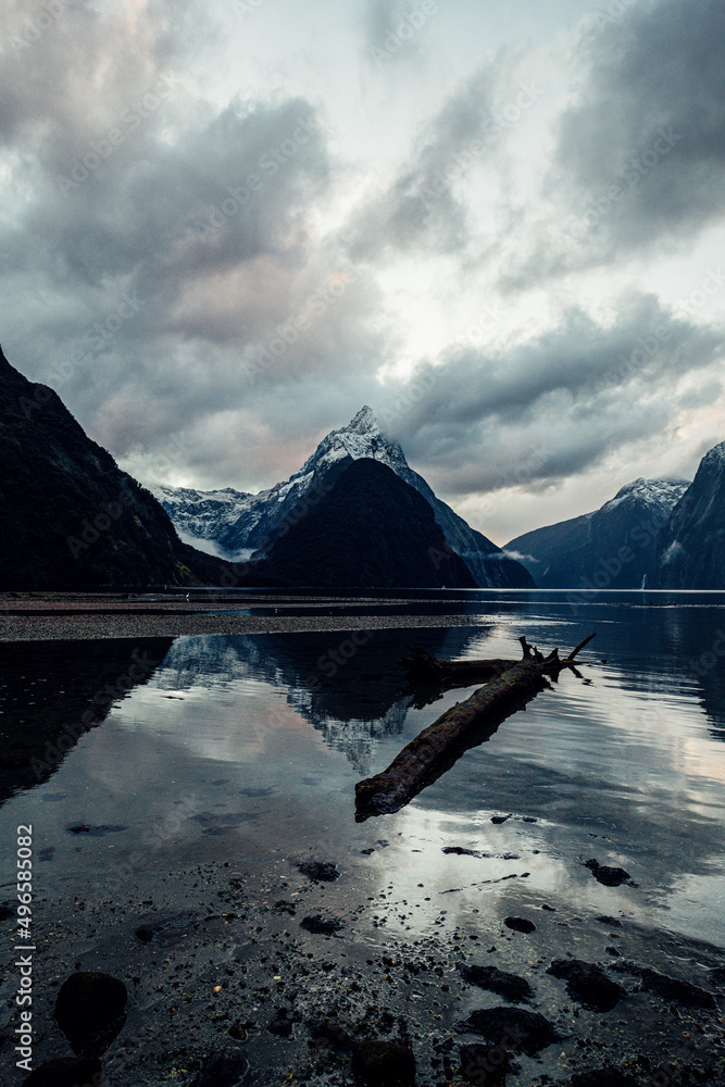 Moody morning in Milford Sound, New Zealand