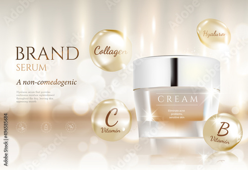 Gold luxury skincare and. cosmetic jars with a gold light effect on a gold background. Vector illustration