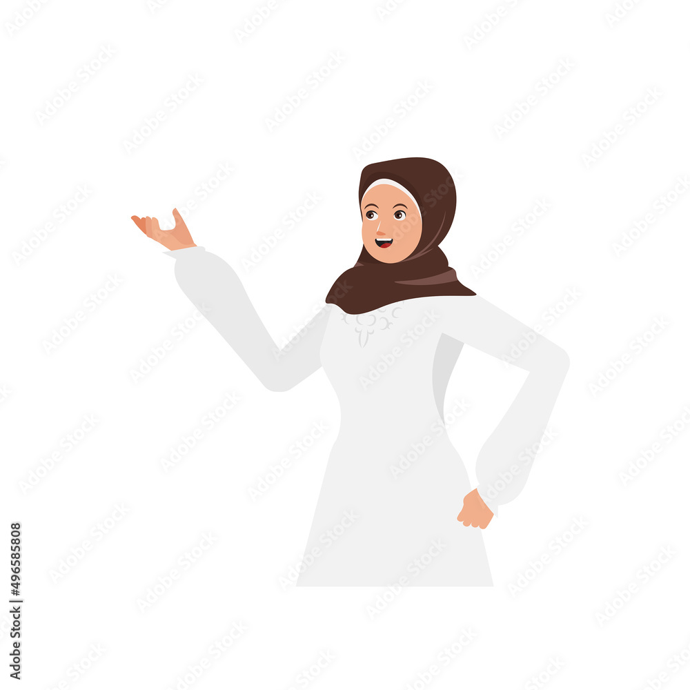 Happy Female Muslim Character - Vector waist up muslim character pointing, explaining, and presenting something suitable for islamic design assets Happy Female Muslim Character - Vector waist up muslim character pointing, explaining, and presenting something suitable for islamic design assets