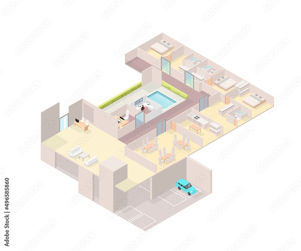 The layout of a big apartment with several rooms and parking