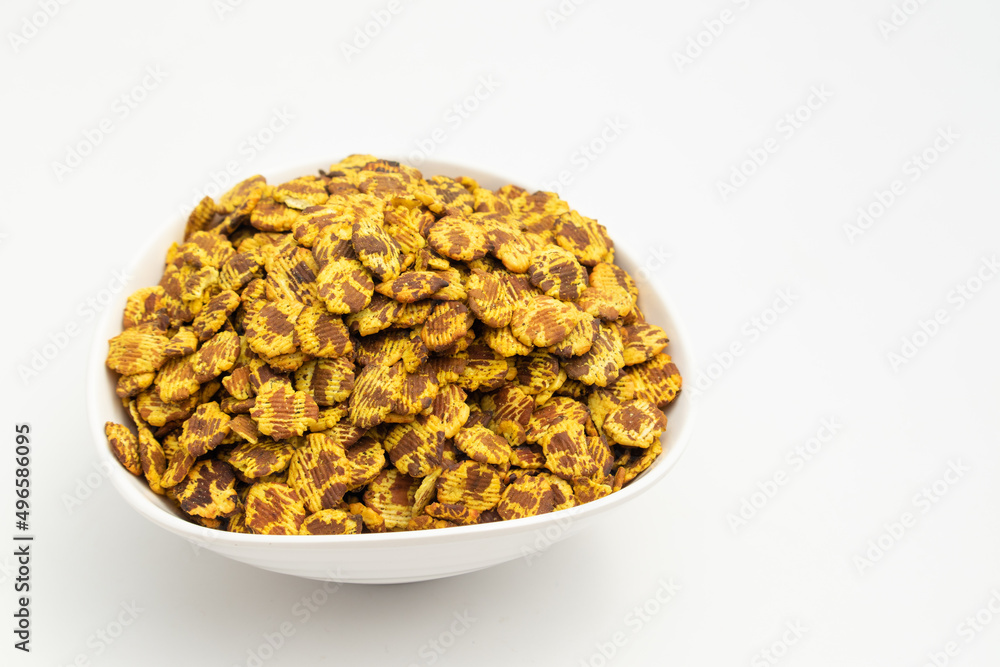 Chana Jor Garam Also Called Channa Chur Or Jhaal Chanachur Is Street Snacks Made Of Beaten Roasted Spiced Black Chickpeas Or Chanachoor. Isolated On White Background With Copy Space Chana Jor Garam Also Called Channa Chur Or Jhaal Chanachur Is Street Snacks Made Of Beaten Roasted Spiced Black Chickpeas Or Chanachoor. Isolated On White Background With Copy Space