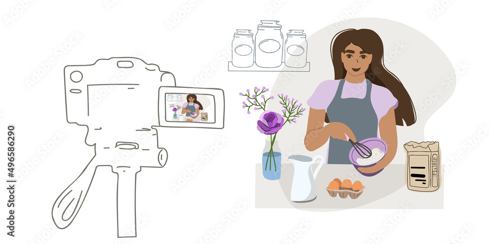 A woman in the kitchen communicates with subscribers through the camera. Food blogger preparing a cake. Online course, master class, stream, broadcast, distance learning or remote work. A woman in the kitchen communicates with subscribers through the camera. Food blogger preparing a cake. Online course, master class, stream, broadcast, distance learning or remote work.