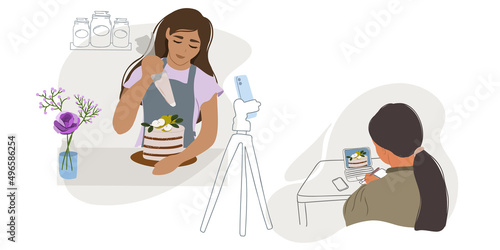 Culinary education online. Blogger. Broadcast. Woman watching pastry teacher video review, online cooking course. Virtual course, lecture, master class. Doodle. Hand drawn. Flat vector illustration.