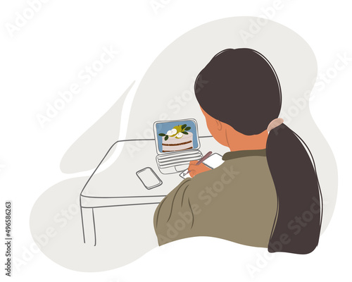 A woman or girl is sitting at a table with a laptop and learning how to cook desserts. Cooking stream. Online course, master class, stream, broadcast, distance learning or remote work. Flat vector.