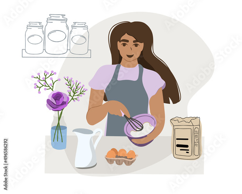 The woman is baking. Smiling young confectioner or cook baker at the table. Whisk eggs or sugar with sour cream in a bowl. Biscuit cake preparation. Vector illustration, doodle or hand drawn