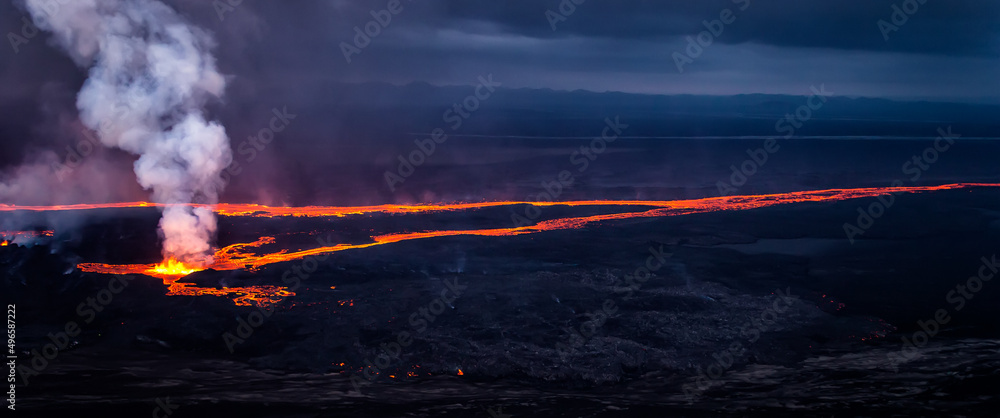 Aerial Panoramic Iceland  molten lava flowing from fissure