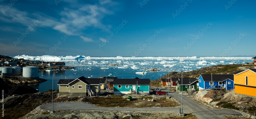 Panoramic view Ilulissat coastal town Disko Bay Greenland