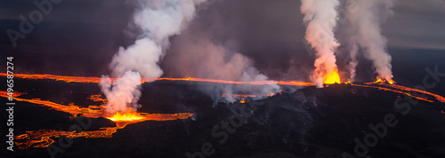 Aerial Panoramic hot rivers of molten lava Iceland