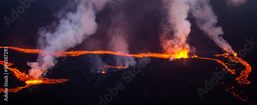 Aerial Panoramic view Icelandic active volcanic molten lava
