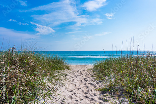 Sandy footpath through the dunes to the Atlantic Ocean in Florida. Beautiful blue-green ocean on the horizon.