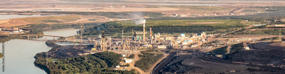 Aerial Panorama view Oil Refinery near Oilsands mining