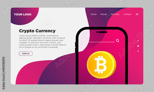Crypto currency landing page, Web landing page for cryptocurrency website, Bitcoin trading background - vector