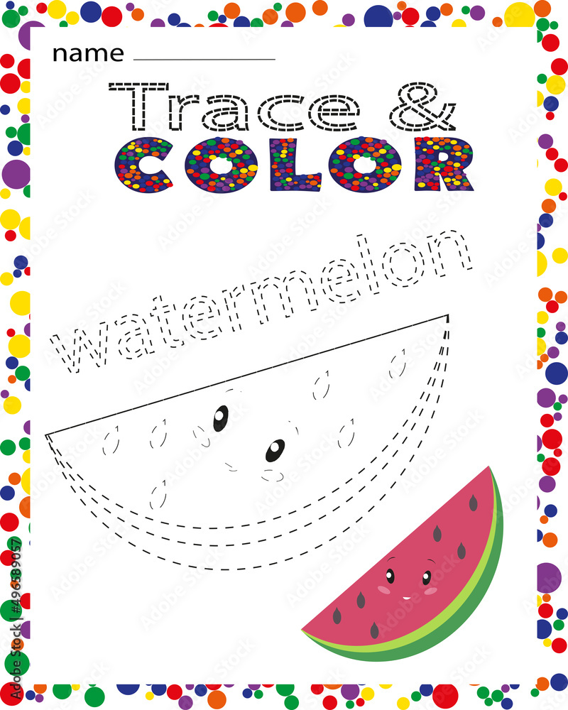 Cute watermelon vector illustration. Trace line and color page game for