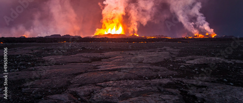 Aerial Panoramic view of active Icelandic volcanic eruptions