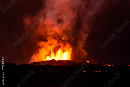 Aerial view of active erupting molten lava Iceland