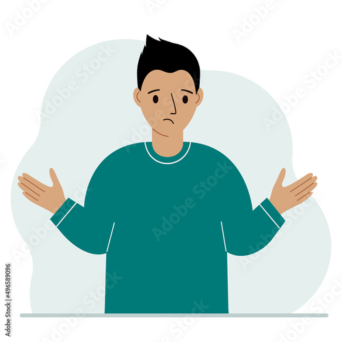 The man is sad and upset. Hands are spread out in different directions. Vector