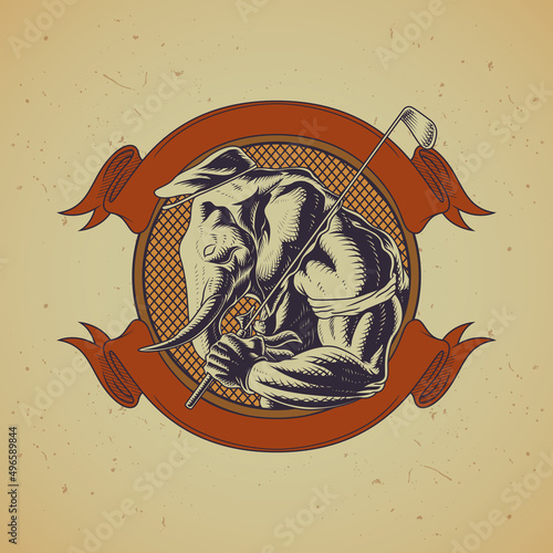 Vintage emblem of hipster elephant holding a golf stick